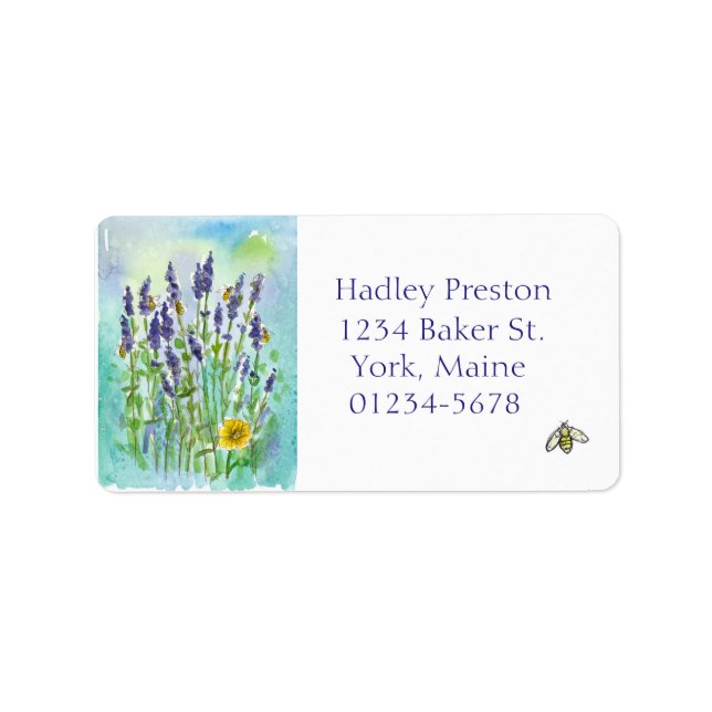 Honey Bee Lavender Watercolor Blume Adressaufkleber (Vorne)