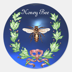 HONEY BEE, MIT OAK-BLÄTTER UND ROTEM RIBBON GESETZ RUNDER AUFKLEBER