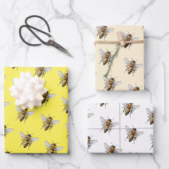 Honey Bee Pattern Yellow White Beige Geschenkpapier Set (Vorderseite)