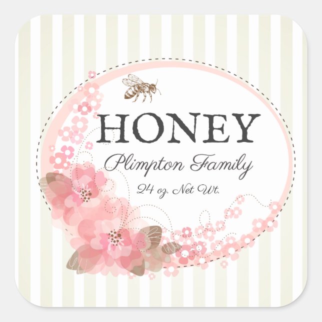 Honey Bee Rustic Floral Striped Beige Quadratischer Aufkleber (Vorderseite)