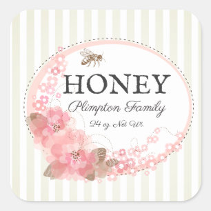 Honey Bee Rustic Floral Striped Beige Quadratischer Aufkleber