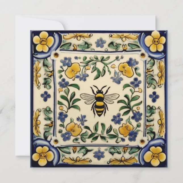 Honey Bee Traditional Blue Yellow Mediterranean Dankeskarte (Vorderseite)