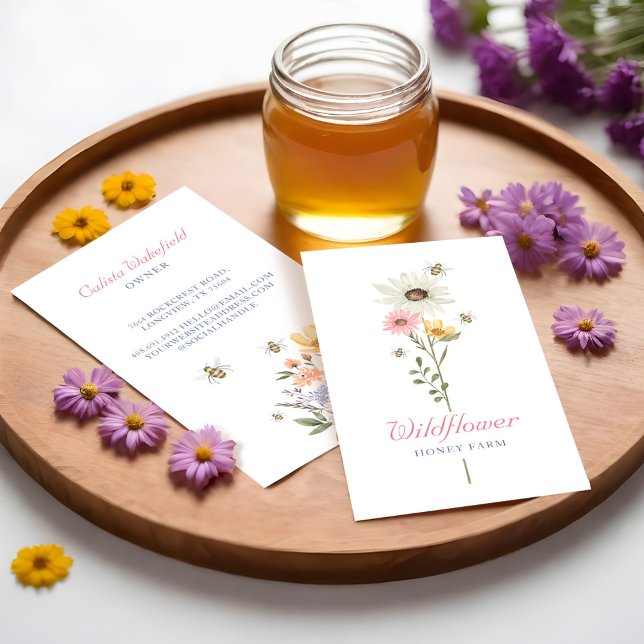 Honey Bee Watercolor Wildblumen Honey Farm Visitenkarte (Honey Bee Watercolor Wildflowers Honey Farm Business Card Front & Back)