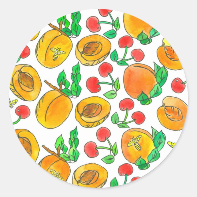 Honey Bees Apricots Cherries Aquarell Frucht Runder Aufkleber (Vorderseite)