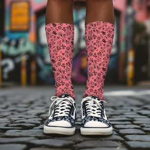 Honey Bees & Blume Liberty Pattern Black & Coral Socken