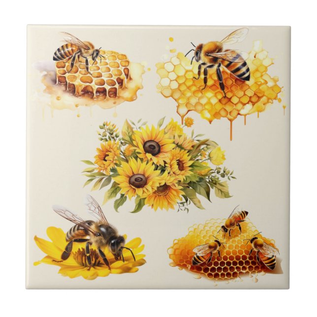 HONEY BEES FLEURS HONEYCOMB | Carreaux en céramiqu (Devant)