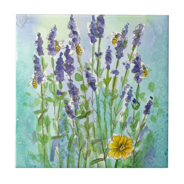 Honey Bees Lavender Watercolor-Blume Fliese (Vorderseite)