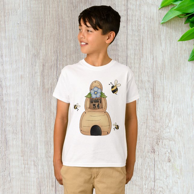 Honey Beve Hive mit Blue Blume und Bienen T-Shirt (Von Creator hochgeladen)
