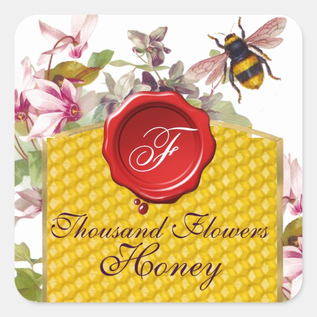 HONEY BEY, CYCLAMEN BLUME RED WAX SIEGEL MONOGRAM QUADRATISCHER AUFKLEBER (Vorderseite)