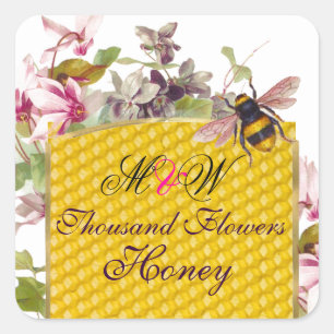 HONEY BEY, PINK CYCLAMEN BLUME BEEKEEPER MONOGRAM QUADRATISCHER AUFKLEBER