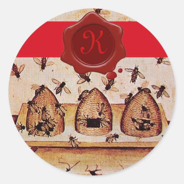 HONEY BEY, RED WAX SIEGEL UND STRIPE MONOGRAM RUNDER AUFKLEBER (Vorderseite)
