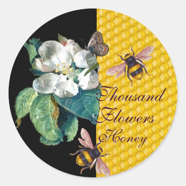 HONEY BIES, BUTTERFLY UND WEISSE BLUME RUNDER AUFKLEBER (Vorderseite)