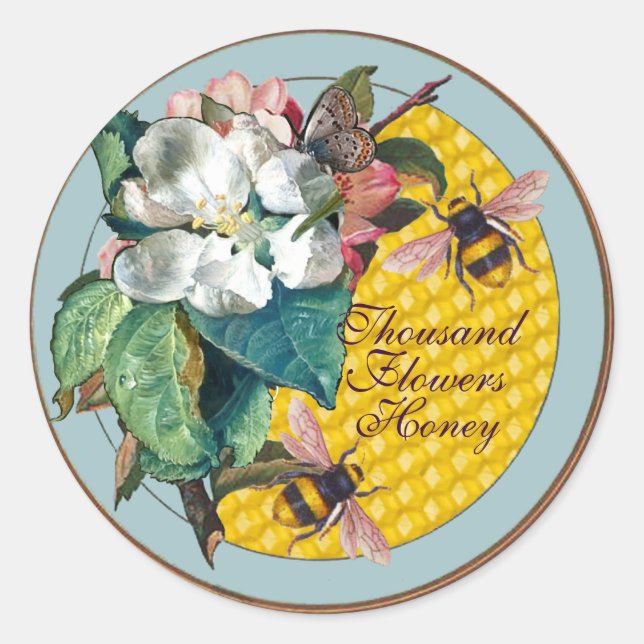 HONEY BIES, BUTTERFLY, WEISSE BLUME UND WILDE ROSE RUNDER AUFKLEBER (Vorderseite)