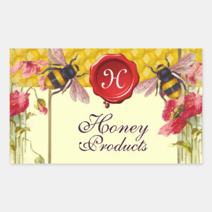 HONEY BIES, POPPIES, ROT-WAX-SIEGEL-BEEKEEPER-MONO RECHTECKIGER AUFKLEBER