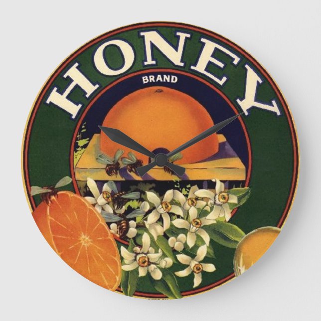Honey Brand Citrus Crate Label Große Wanduhr (Vorderseite)