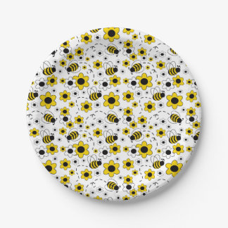 Honey Bumble Bee Yellow White Floral Pappteller
