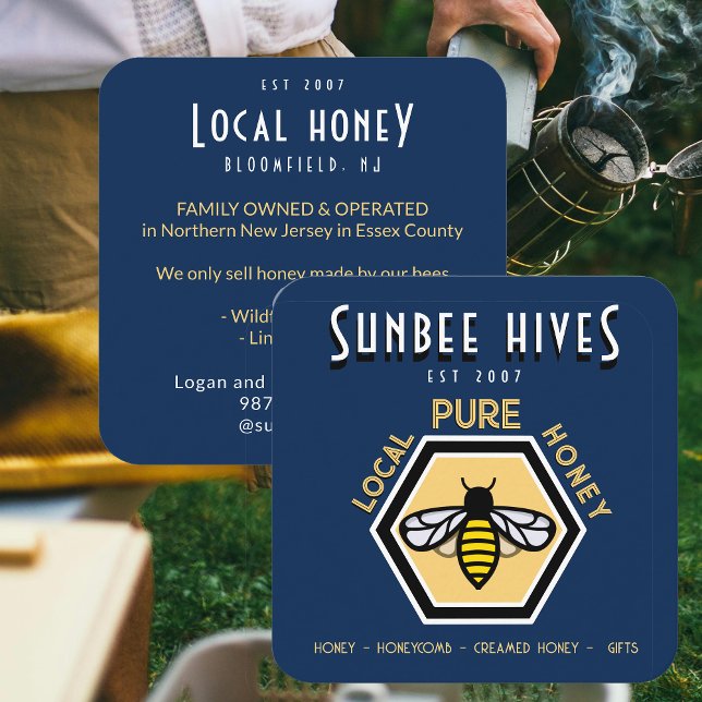 Honey Business Card Hexagon Honeybee auf Blue Quadratische Visitenkarte (Von Creator hochgeladen)