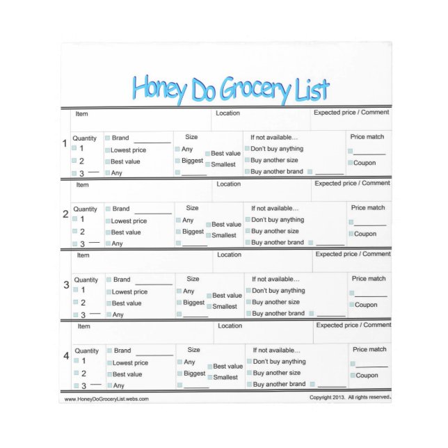 Honey Do Lebensmittelliste .. Notizblock (Vorderseite)