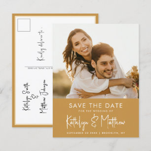 Honey Gold Fun Script Moderne Foto Wedding Rettete Ankündigungspostkarte