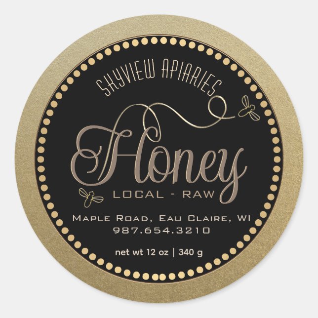 Honey Gold Kraft Grunge Border Black Bees Runder Aufkleber (Vorderseite)