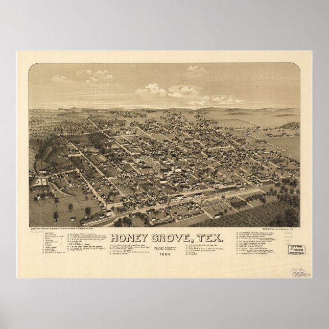 Honey Grove Texas 1886 Antique Panoramabalkarte Poster (Vorne)