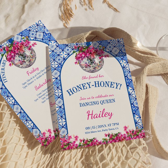 Honey Honey Dancing Queen Bachelorette Weekend  Einladung (dancing queen invite, mamma mia invitation, bachelorette weekend, mediterranean party, girls weekend)