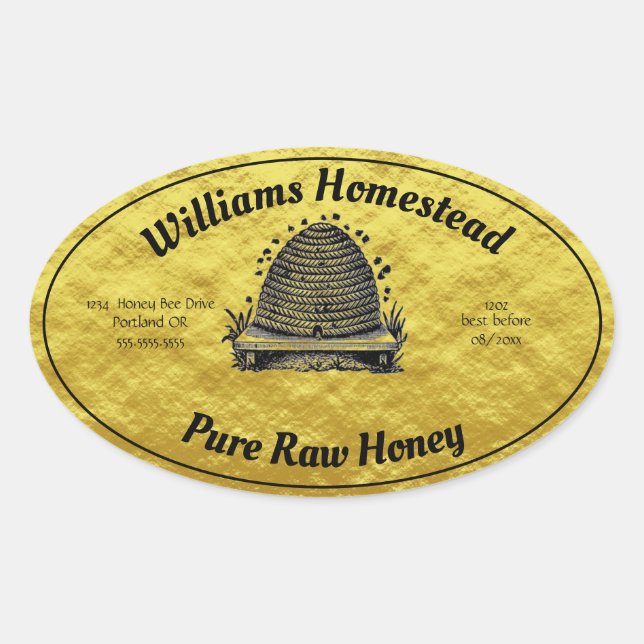 Honey Imitate Gold Jar Apiary Label | Honig Ovaler Aufkleber (Vorderseite)