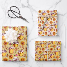 Honey Jar Bees Wrapping Paper Flat Sheet Set 3 Geschenkpapier Set