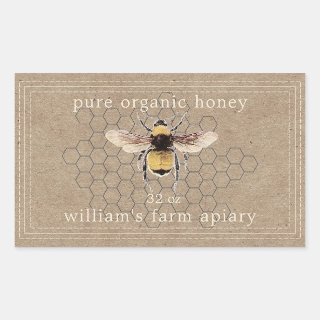 Honey Jar Étiquette Honeybee Apiary Kraft Papier (Devant)