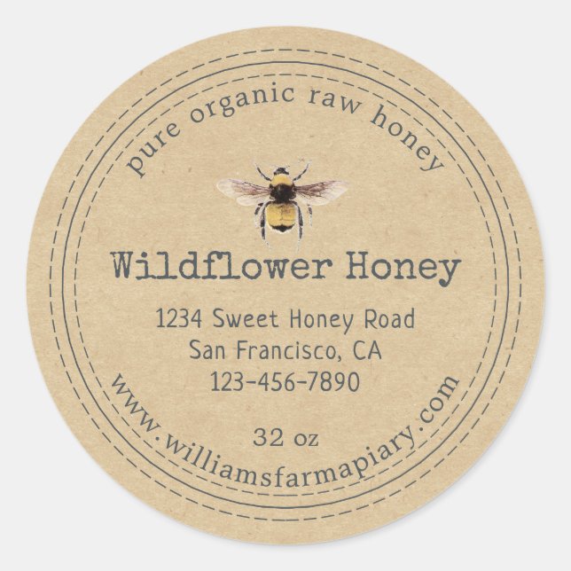 Honey Jar Étiquette Honeybee Apiary Kraft Papier (Devant)