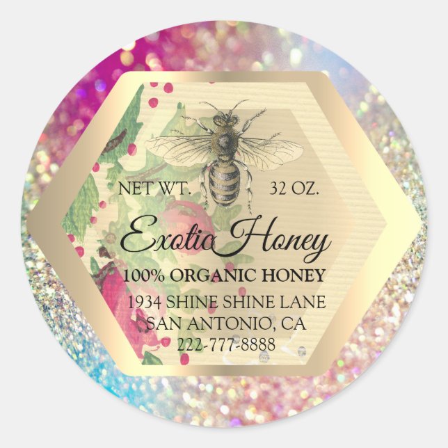 Honey Jar Honeybee Honeycomb Apiary Gold Pink GREE Runder Aufkleber (Vorderseite)