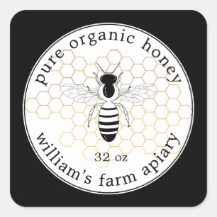 Honey Jar Label Bee Apiary Gold Honeycomb Black Quadratischer Aufkleber