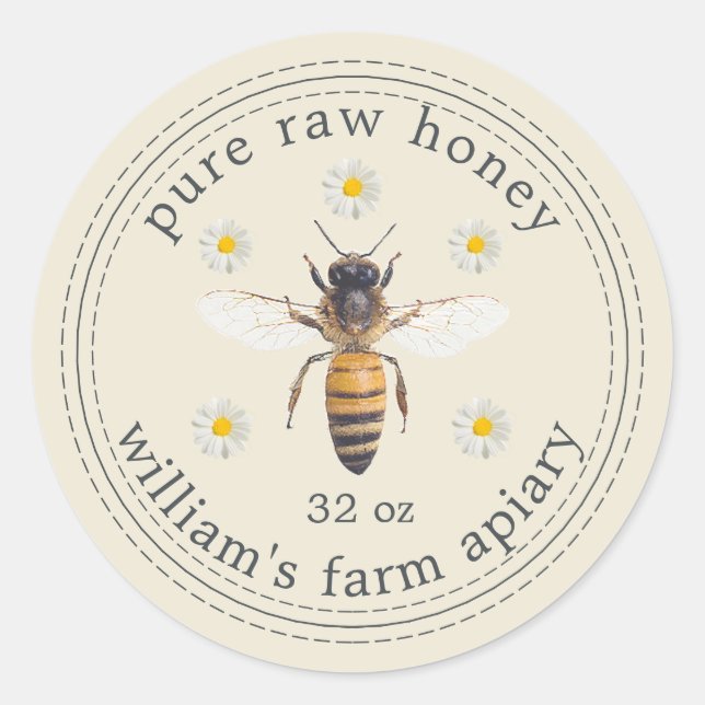 Honey Jar Label Honey Bee Apiary Antique White Runder Aufkleber (Vorderseite)