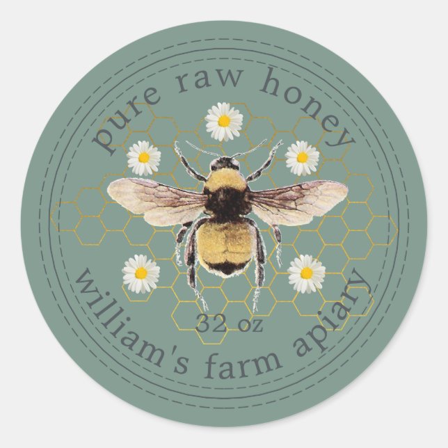 Honey Jar Label Honeybee Apiary Dusty Green Runder Aufkleber (Vorderseite)