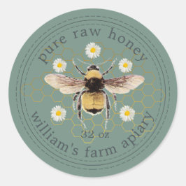 Honey Jar Label Honeybee Apiary Dusty Green Runder Aufkleber