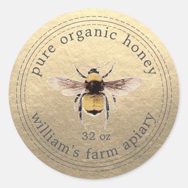 Honey Jar Label Honeybee Apiary Gold Runder Aufkleber (Vorderseite)