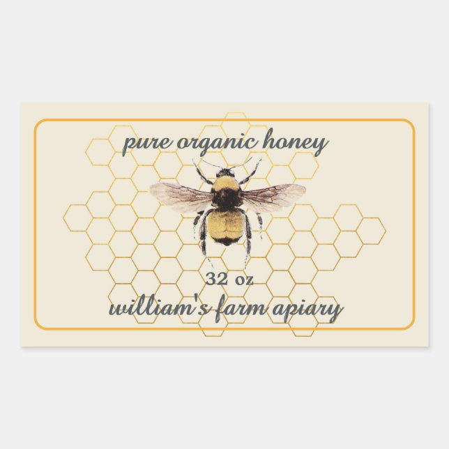Honey Jar Label Honeybee Apiary Honeycomb Antique Rechteckiger Aufkleber (Vorderseite)