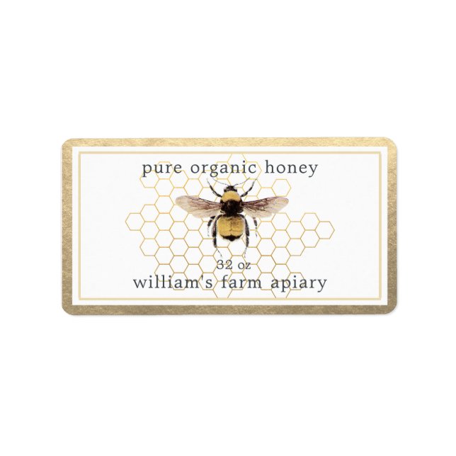 Honey Jar Label Honeybee Apiary Honeycomb Gold Adressaufkleber (Vorne)