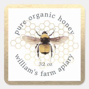 Honey Jar Label Honeybee Apiary Honeycomb Gold Quadratischer Aufkleber