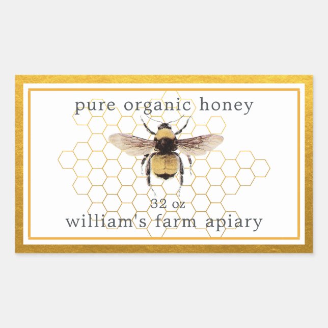 Honey Jar Label Honeybee Apiary Honeycomb Gold Rechteckiger Aufkleber (Vorderseite)