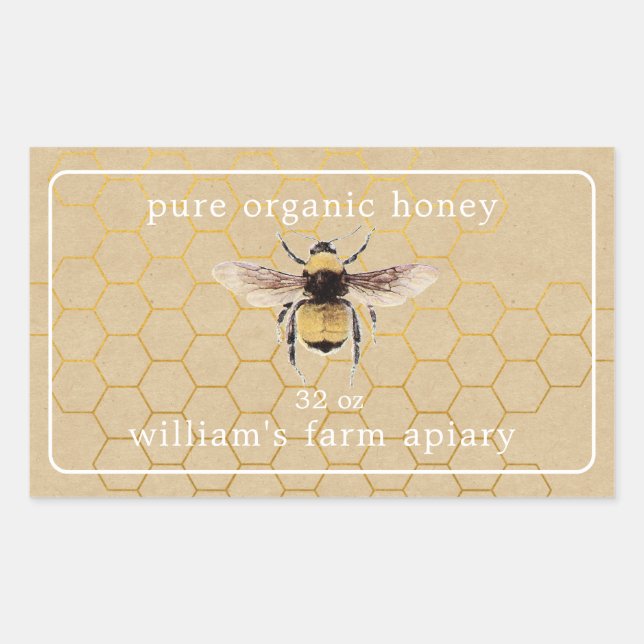 Honey Jar Label Honeybee Apiary Honeycomb Kraft Rechteckiger Aufkleber (Vorderseite)