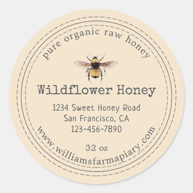 Honey Jar Label Honeybee Apiary Off White Runder Aufkleber (Vorderseite)