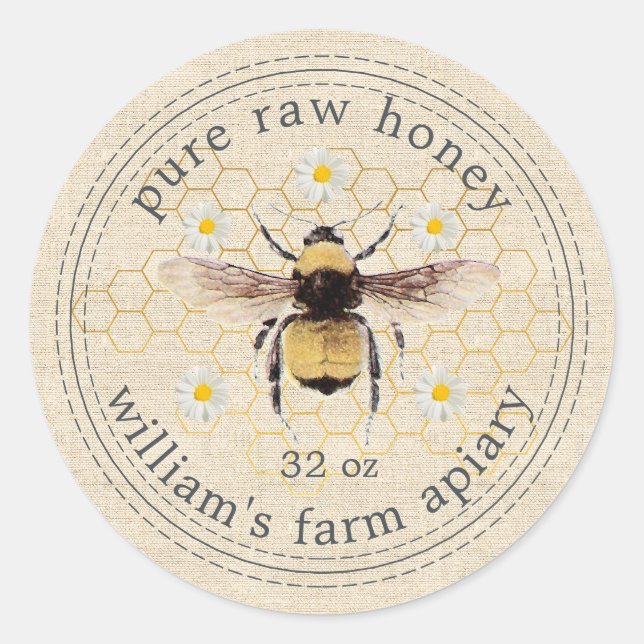 Honey Jar Label Honeybee Apiary Rustikale Linen Runder Aufkleber (Vorderseite)