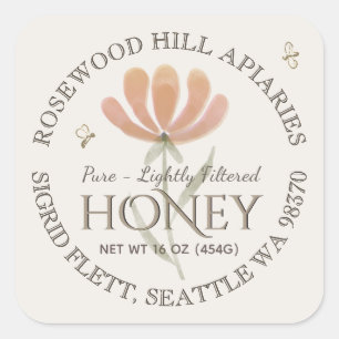 Honey Label Aquarellblume Bienen Elfenbein Quadratischer Aufkleber