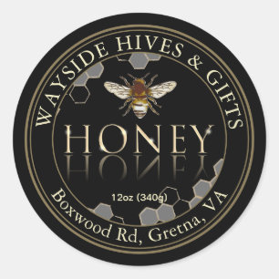 Honey Label Bee and Honeycomb on Black with Border Runder Aufkleber
