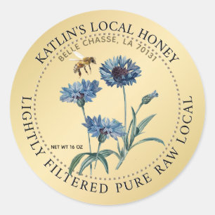 Honey Label Blue Aster Blume Honeybee Gold Runder Aufkleber