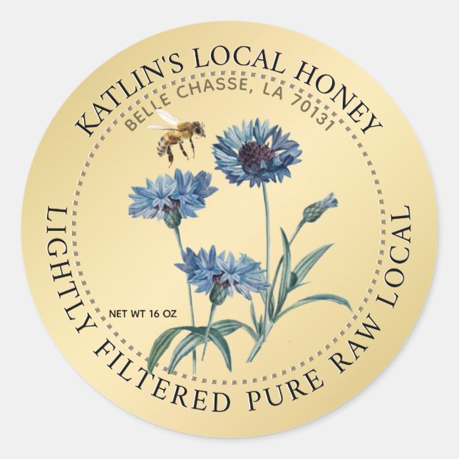 Honey Label Blue Aster Blume Honeybee Gold Runder Aufkleber (Vorderseite)