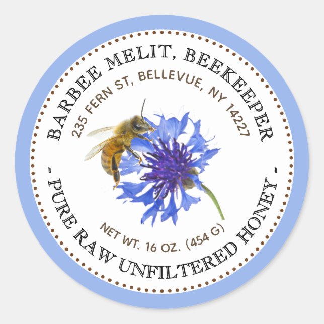 Honey Label Blue Blume Bee mit Blue Border Runder Aufkleber (Vorderseite)