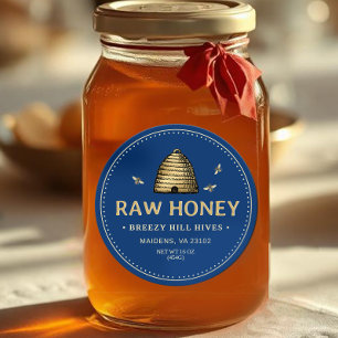 Honey Label Gold Skep mit Bienen gepunktete blaue  Runder Aufkleber