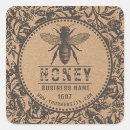 Honey Label Kraft | Blume und Bienen Quadratischer Aufkleber